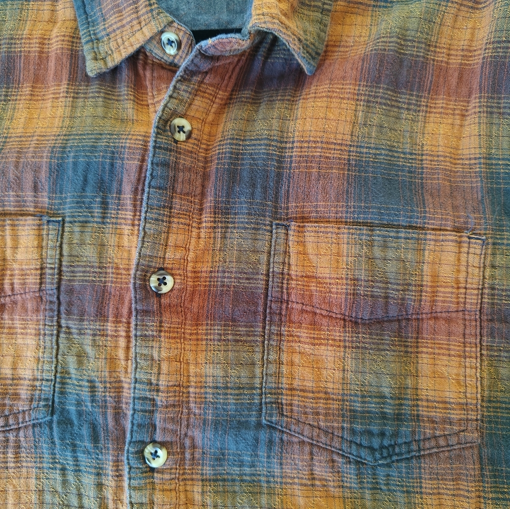 Carbon2Cobalt- Mens Large Flannel in orange/navy plaid